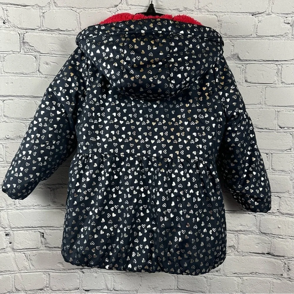 Skechers Girls Insulated Jacket Hooded  Faux Fur Silver Hearts Navy M (5-6)